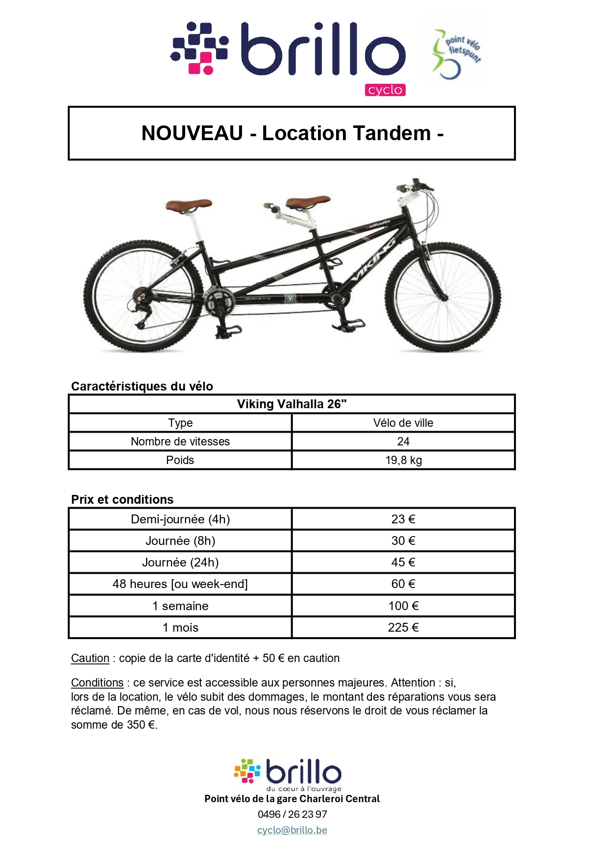 Tarif 2026 location tandem Brillo