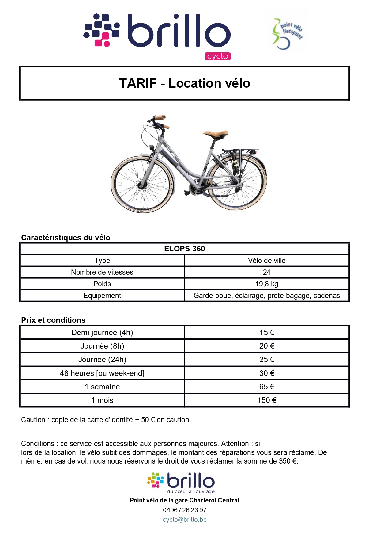 Tarif 2026 location vélo Brillo